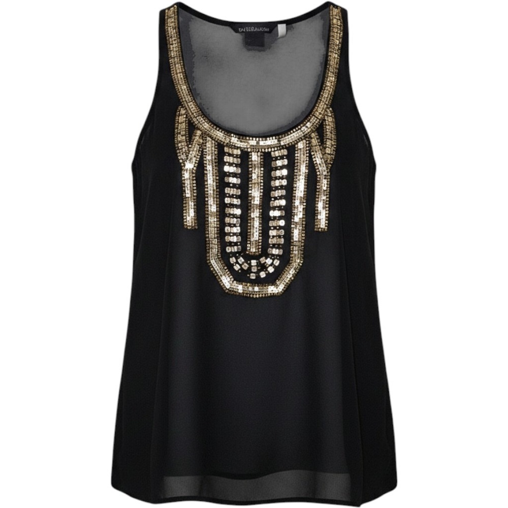Black Sheer Tank Top‎ Embellished Gold Beaded Art Deco Festival Size 4